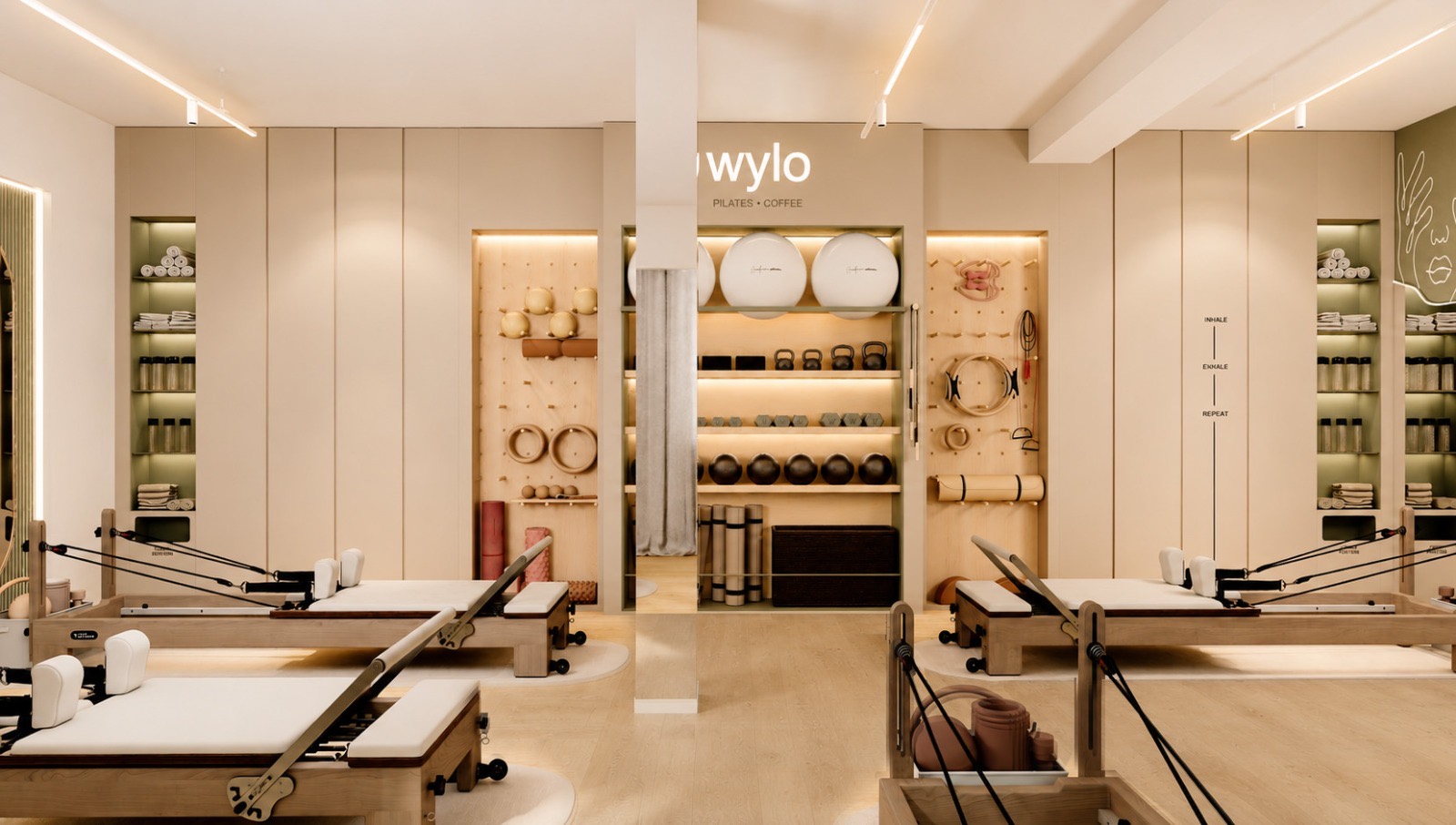 Interior simetric Wylo cu firma luminoasă Pilates • Coffee